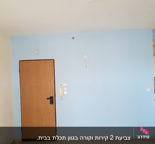מגש צבע ריק על הרצפה ליד קיר צבוע